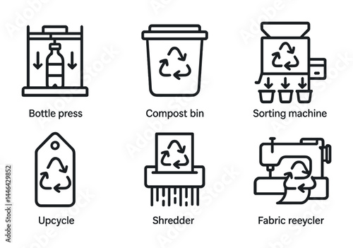 Recycling and sustainability line icons set – eco-friendly waste management, upcycling, and sorting symbols for environmental conservation: bottle press, compost bin, sorting machine, upcycle tag,