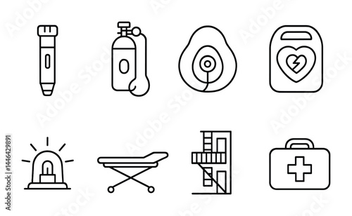 Emergency response outline icons – line style rescue, safety, and medical equipment set: fire extinguisher, oxygen tank, aed, stretcher, emergency light, toolbox
