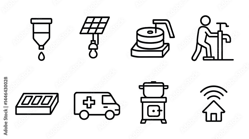 Sustainable energy icons set – outline style renewable resources and technology symbols for eco innovation: water pump, solar panel, mill, manual pump, battery, ambulance, stove, smart home Sustainable energy icons set – outline style renewable resources and technology symbols for eco innovation: water pump, solar panel, mill, manual pump, battery, ambulance, stove, smart home