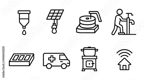 Sustainable energy icons set – outline style renewable resources and technology symbols for eco innovation: water pump, solar panel, mill, manual pump, battery, ambulance, stove, smart home