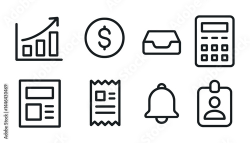 Finance and business line icons set – outline style banking, accounting, and investment symbols for strategy planning: chart, dollar, inbox, calculator, document, receipt, bell, id badge.