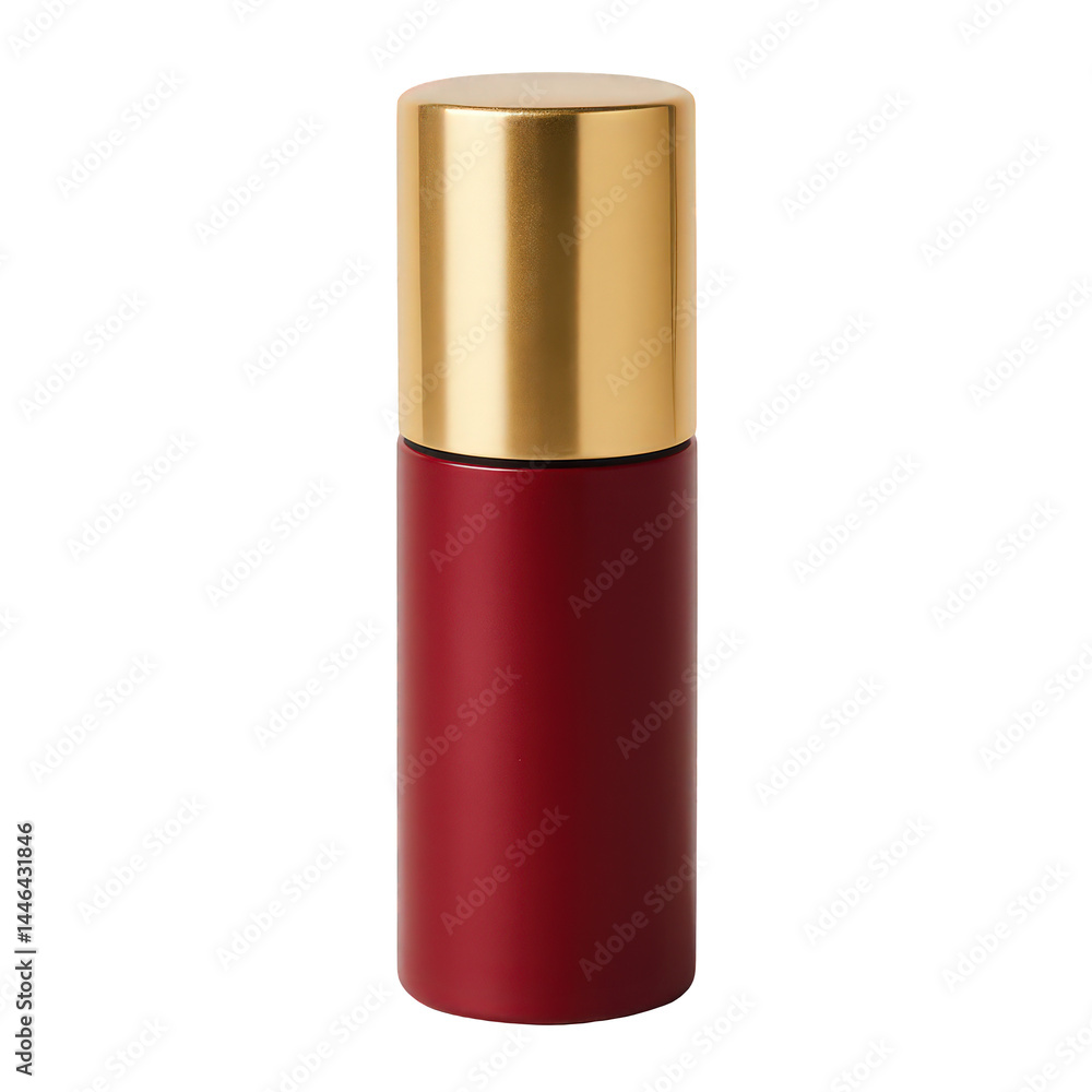 A small red bottle featuring a shiny gold cap, a sleek personal container for liquid cosmetics or fragrances. A small red bottle featuring a shiny gold cap, a sleek personal container for liquid cosmetics or fragrances.