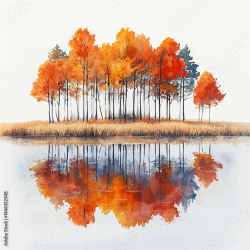 Vibrant Autumn Forest Reflecting In A Pond, vector watercolor illustration, isolated on a white background.