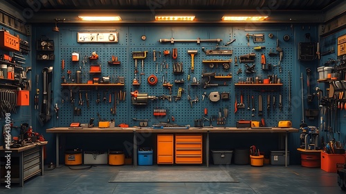 Well-lit tool garage setup modern high resolution image
