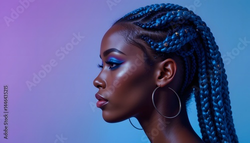 Profile of a young Black woman with blue box braids, vibrant makeup, and hoop earrings against a purple and blue background