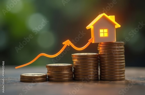 Stacks of coins from lower to higher with glowing house icon on top, real estate investment growth.