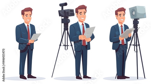 Professional TV reporter talking during live stream. News anchor character with microphone broadcasting breaking news