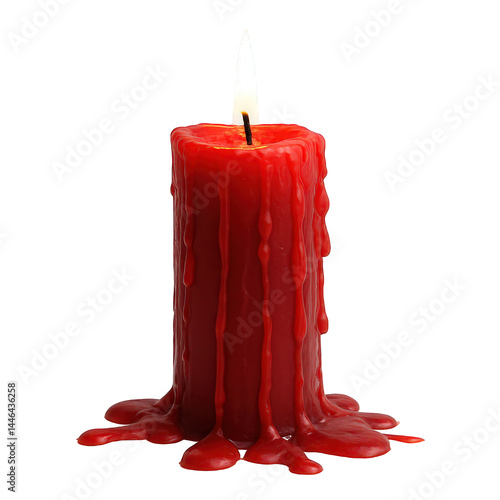 A vibrant red candle burns with a steady flame, its warm wax dripping dramatically down the sides and pooling.