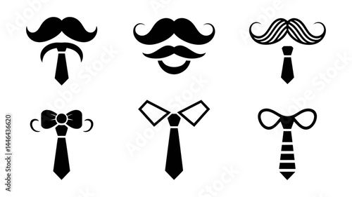 Stylish Vector Icons of Mustaches, Ties, and Bowties
