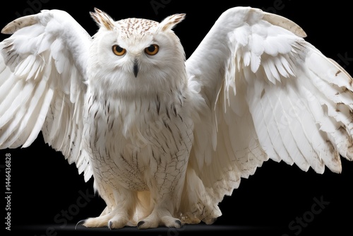 Powerful white owl with outstretched wings against a dark background.