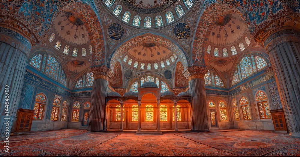 Obraz premium Majestic Interior of Historical Mosque with Colorful Stained Glass