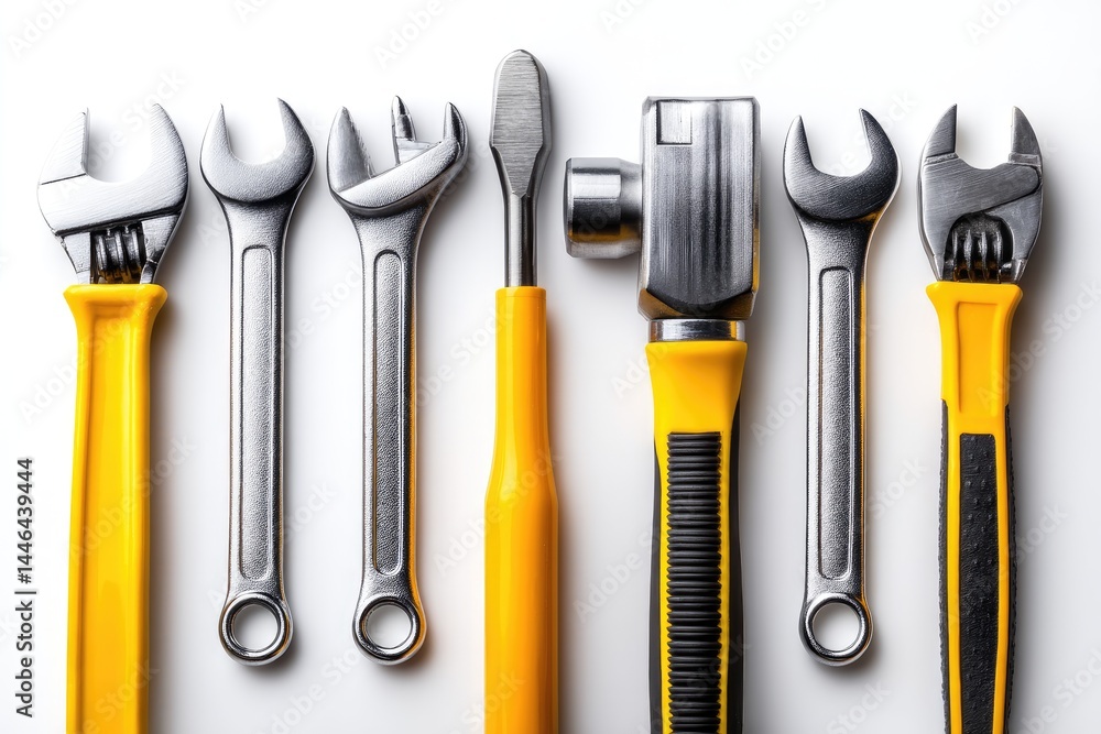 Metal and yellow tools arranged on a white surface. Metal and yellow tools arranged on a white surface.