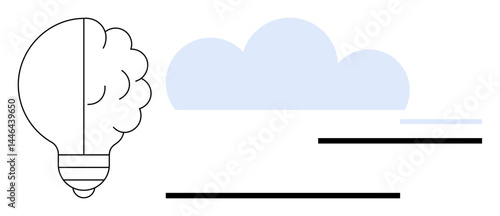 Light bulb merges with brain symbolizing ideas, creativity, and intelligence cloud emphasizes thinking, imagination, and possibilities. Ideal for innovation, education, brainstorming, analytics