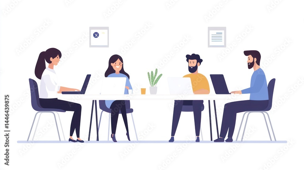 Creative vector illustration of diverse team members collaborating on laptops Creative vector illustration of diverse team members collaborating on laptops