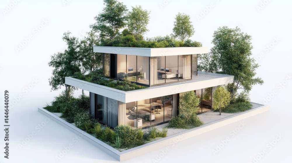Eco-friendly office building with net zero design, 3D illustration.