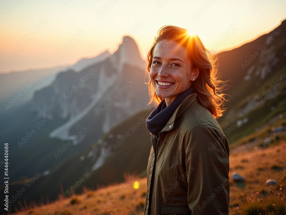 Naklejka premium Portrait d’une femme souriante au coucher de soleil en montagne