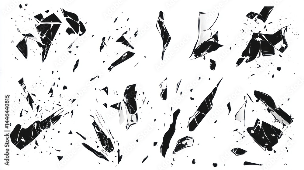 Scattered shatters: Black and white abstract illustration of broken fragments