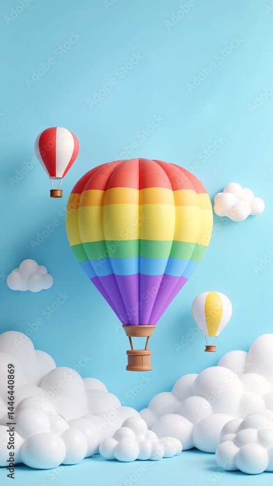 Naklejka premium A colorful hot air balloon flying through a blue sky with white clouds.