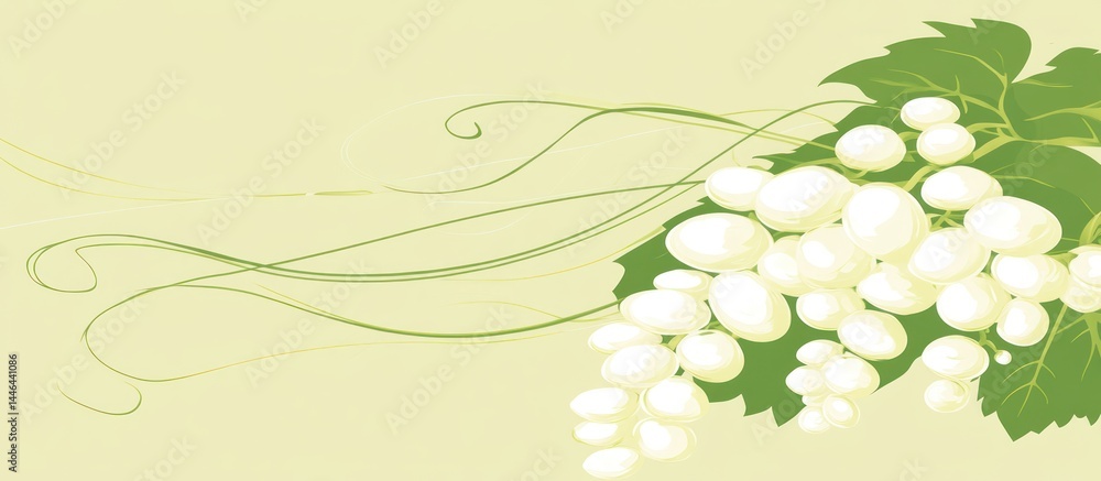 Artistic depiction of white grapes with flowing lines and light green leaves