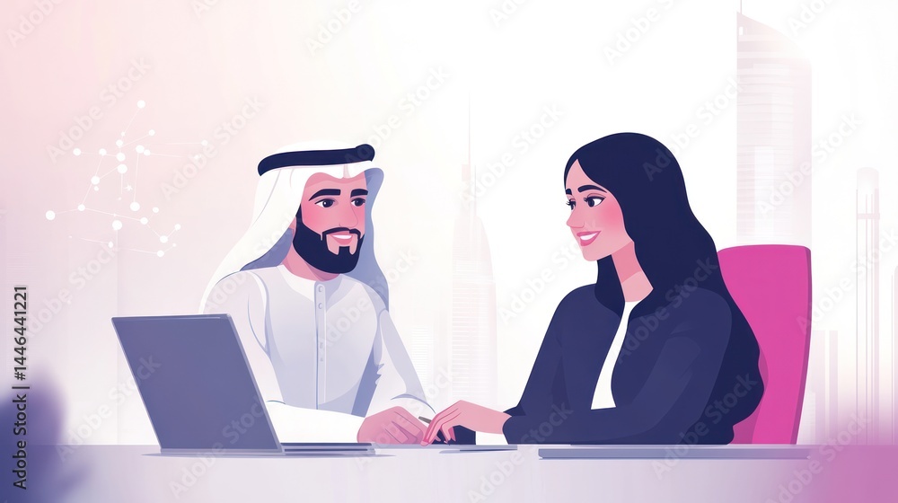 Arabian Business meeting illustration with modern UAE design elements
