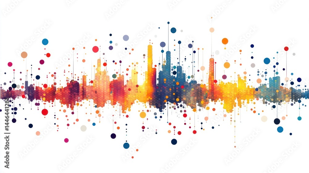 Abstract digital skyline with vibrant color spectrum and pointillistic dispersion