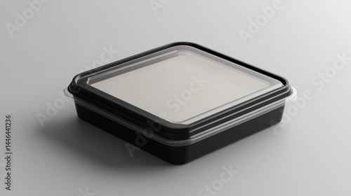 Obraz na płótnie Sleek square black food container with transparent lid on a neutral surface w salonie