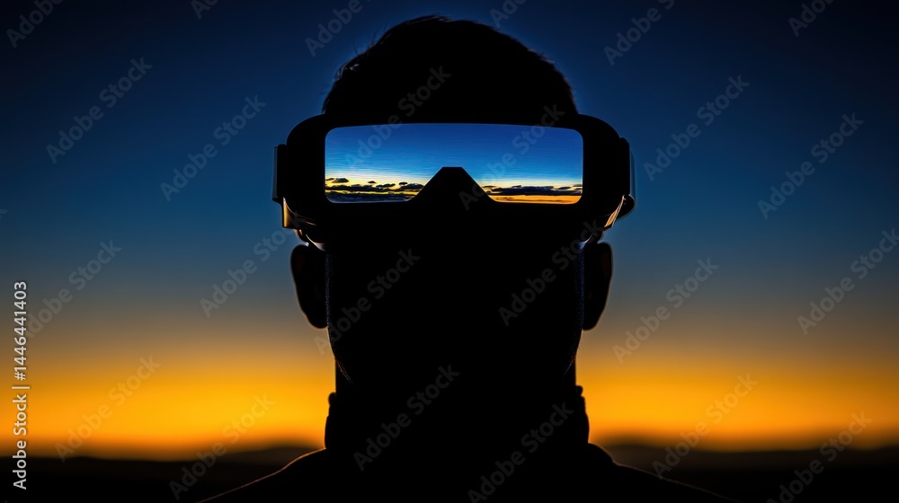 Immersive sunrise experience with virtual reality headset against scenic horizon