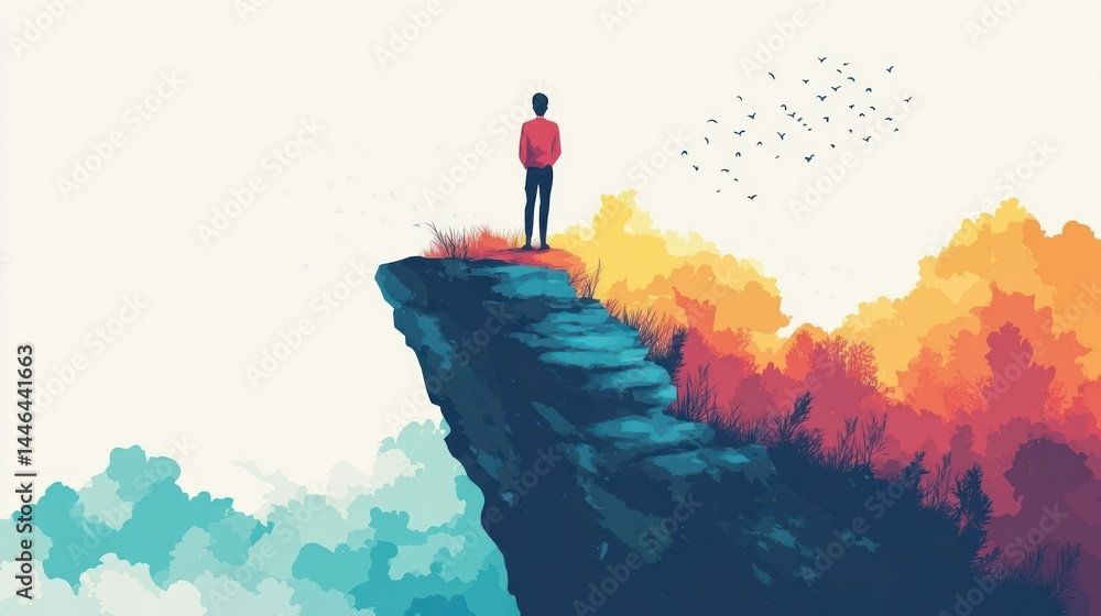 Conceptual artwork featuring solitary figure contemplating horizons on cliff