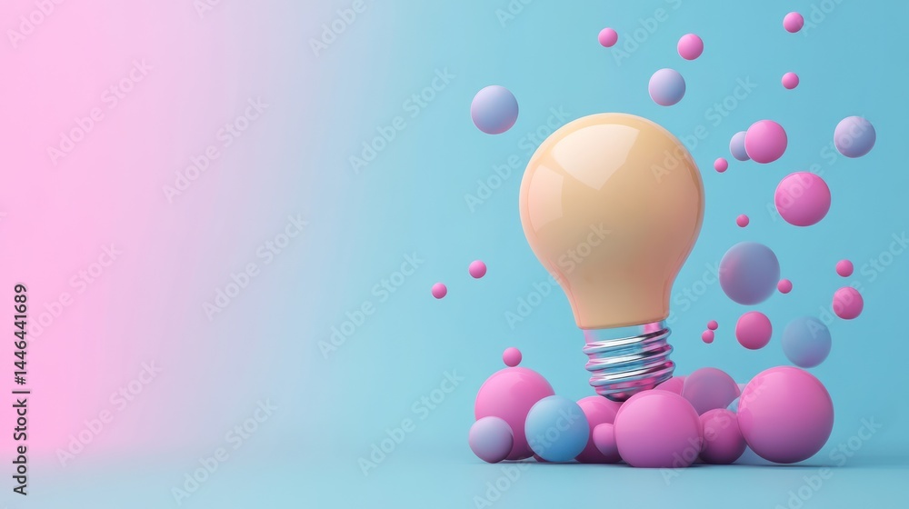 Imaginative lightbulb idea illustration with spherical elements on colorful backdrop
