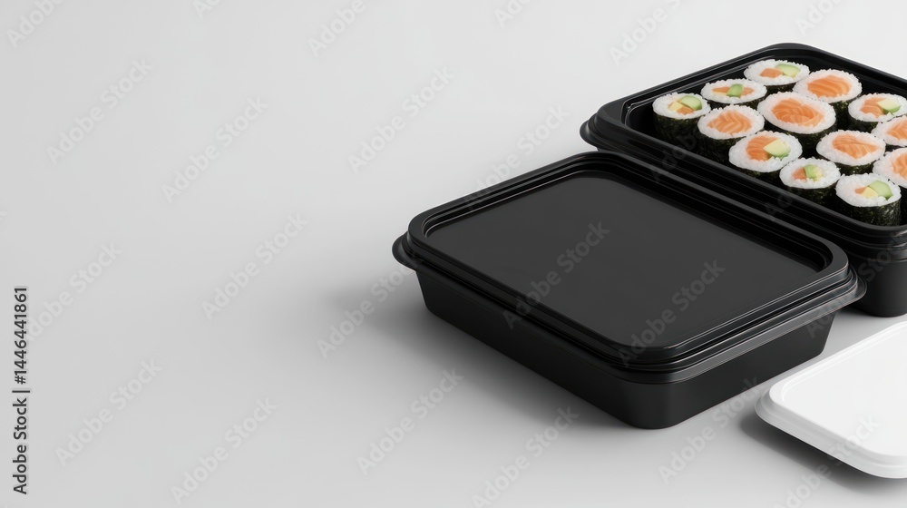 Minimalist arrangement displaying a sushi container and sealed food boxes on grey background