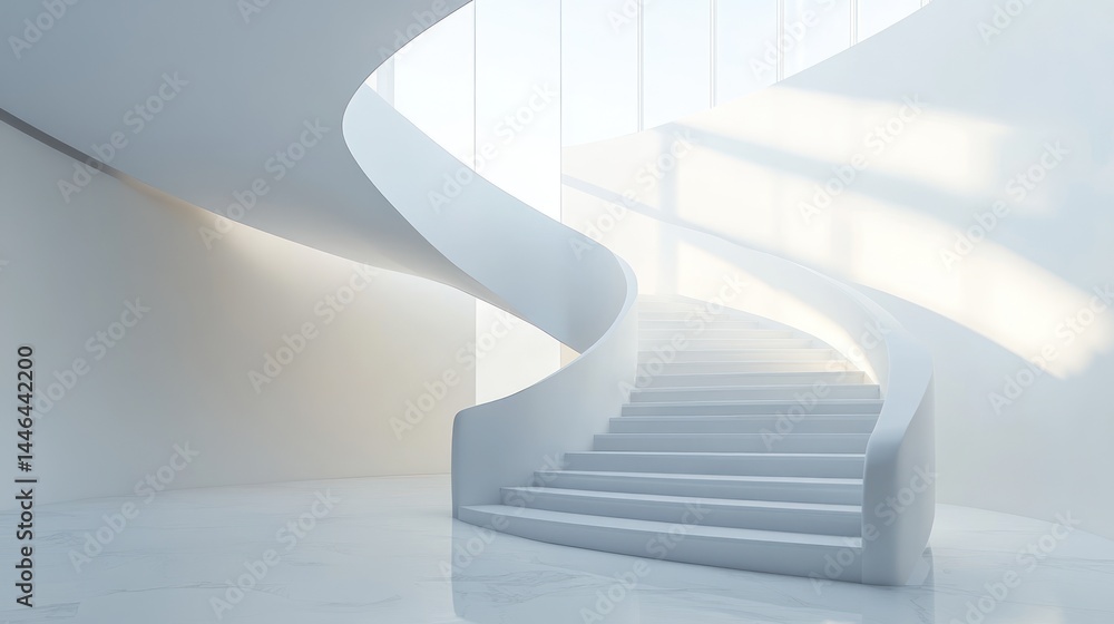 Elegant modern architecture: a graceful spiral staircase bathed in ethereal light