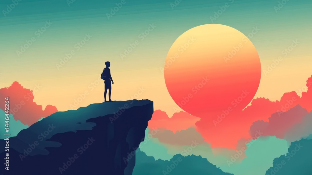 Serene contemplation, a silhouette on the precipice of dreams and vibrant horizons