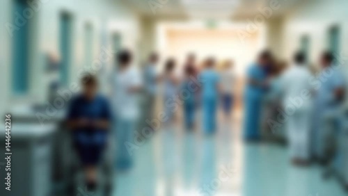 Blurred unidentified patient and medical staff walking in the hospital for background use. Still shot 4K video