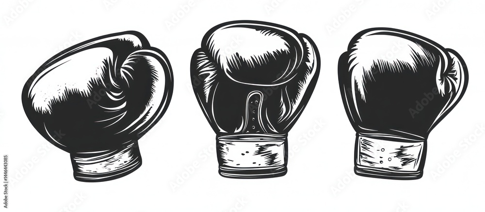 Striking artwork showcasing three boxing gloves in vintage monochrome style