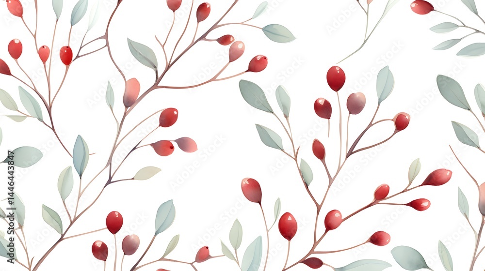 Seamless Pattern with Dry Branches, Red Berries, and Green Leaves for Design Projects Seamless Pattern with Dry Branches, Red Berries, and Green Leaves for Design Projects