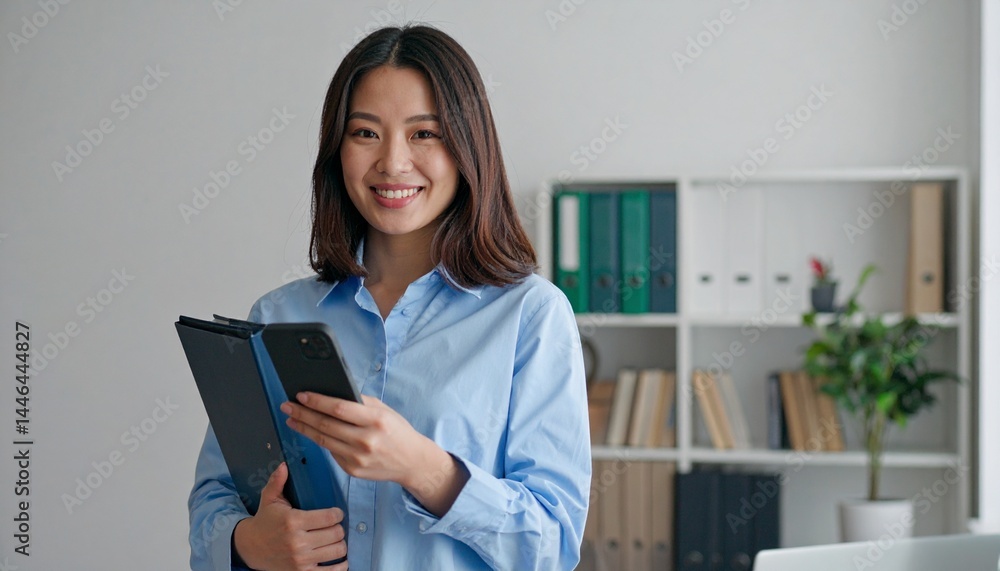 スマートフォンとバインダーを持つ笑顔の日本人女性 スマートフォンとバインダーを持つ笑顔の日本人女性