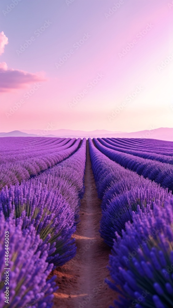 Obraz premium A field of lavender with a dirt path in the middle of it.