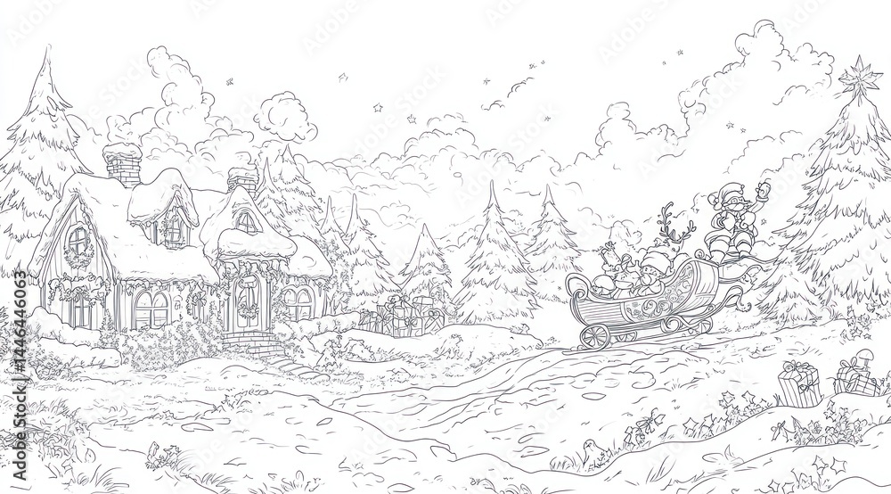 Fototapeta premium Snowy Christmas scene with houses and sleigh. Sleigh pulled by reindeer, nestled in wintry landscape. Detailed illustration
