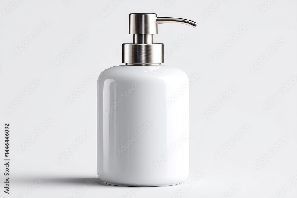 Modern white ceramic soap dispenser with metallic accents. Modern white ceramic soap dispenser with metallic accents.