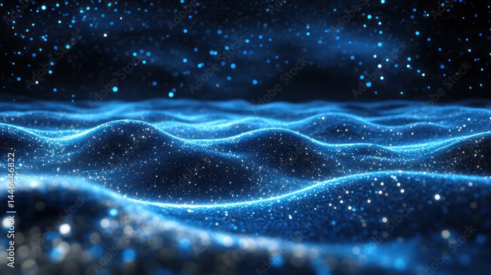 Glimmering, undulating blue particles form a serene, otherworldly landscape under a dark, starry sky