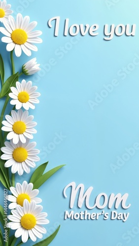 A blue background with white daisies and green leaves.