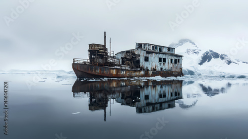 An abandoned whaling station in antarctica, rusted machinery frozen in time. [Frozen Time] | Frozen Reflections | cold echoes. Illustration