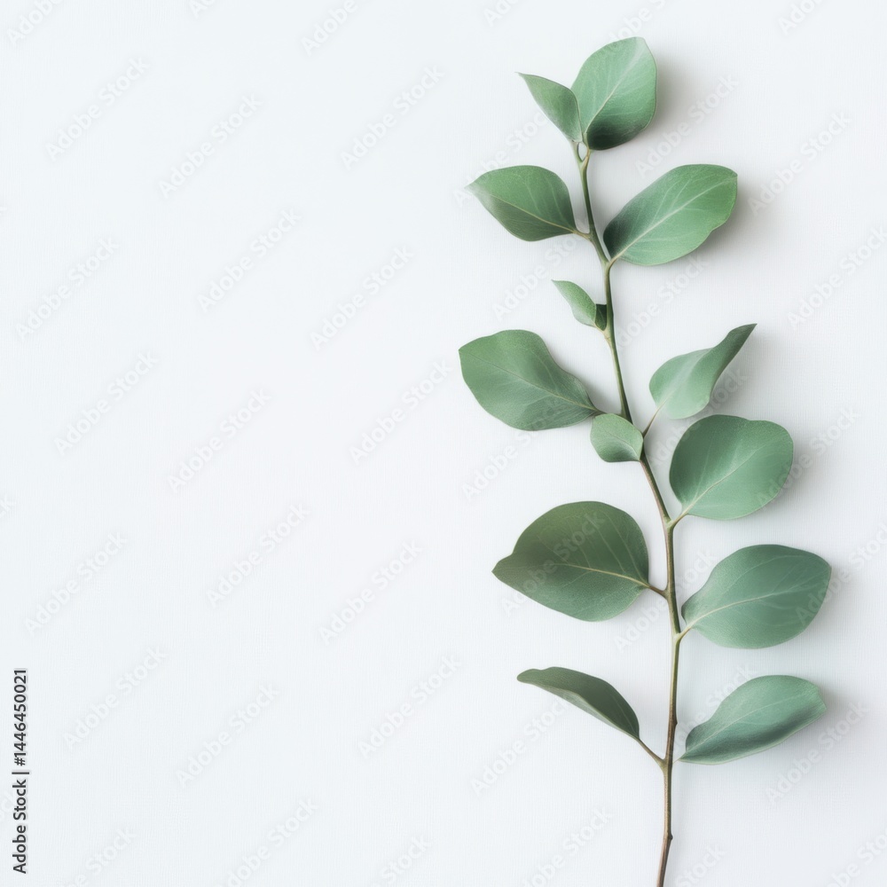 Obraz premium Elegant Eucalyptus Branch on White Background: Minimalist Botanical Photography