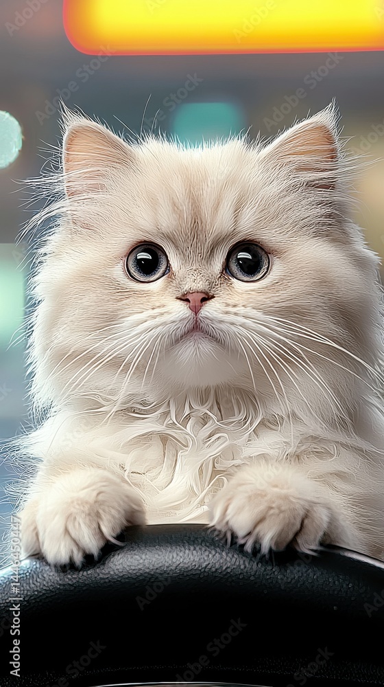Fototapeta premium Adorable Fluffy Cream Kitten with Blue Eyes in City Night
