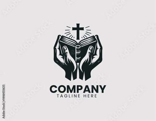 Reverent Hands Holding Open Bible with Cross Vector Logo Design