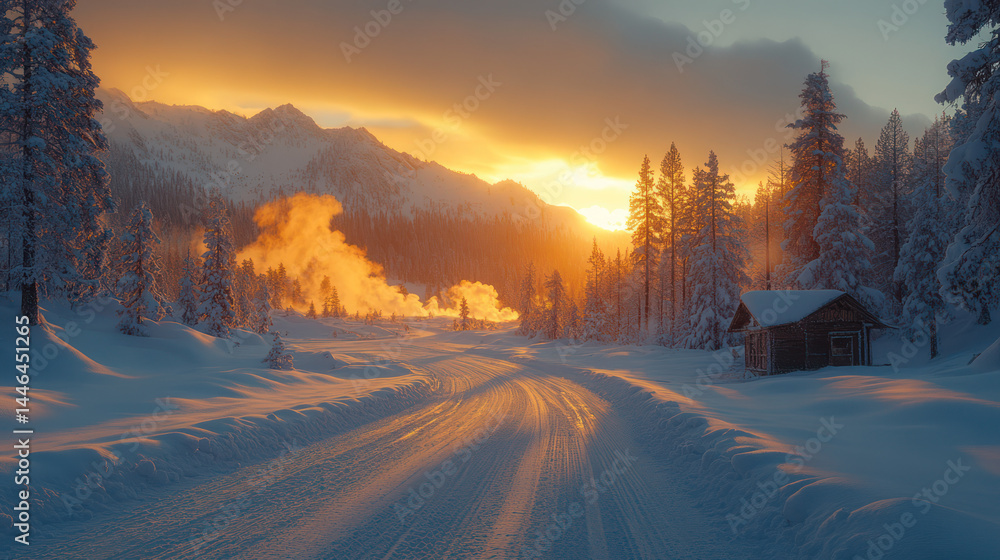 Winter Forest Path Sunset Scenic Winter Forest Path Sunset Scenic