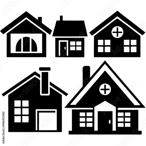 House and Condo Building black & white vector icon set