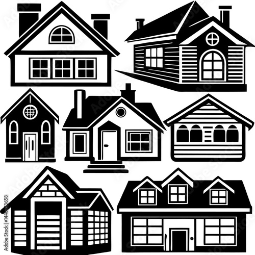 House and Condo Building black & white vector icon set