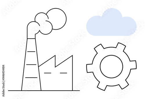 Factory with smokestack emitting smoke, gear symbolizing industry, and cloud. Ideal for energy, innovation, environmental impact, automation, manufacturing, sustainability simple landing page