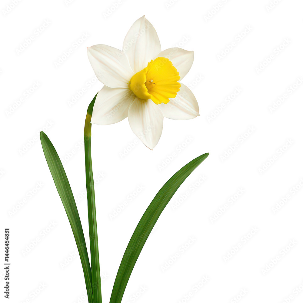 Fototapeta premium Fresh spring daffodil in full bloom, highlighting its delicate white and bold yellow colors.